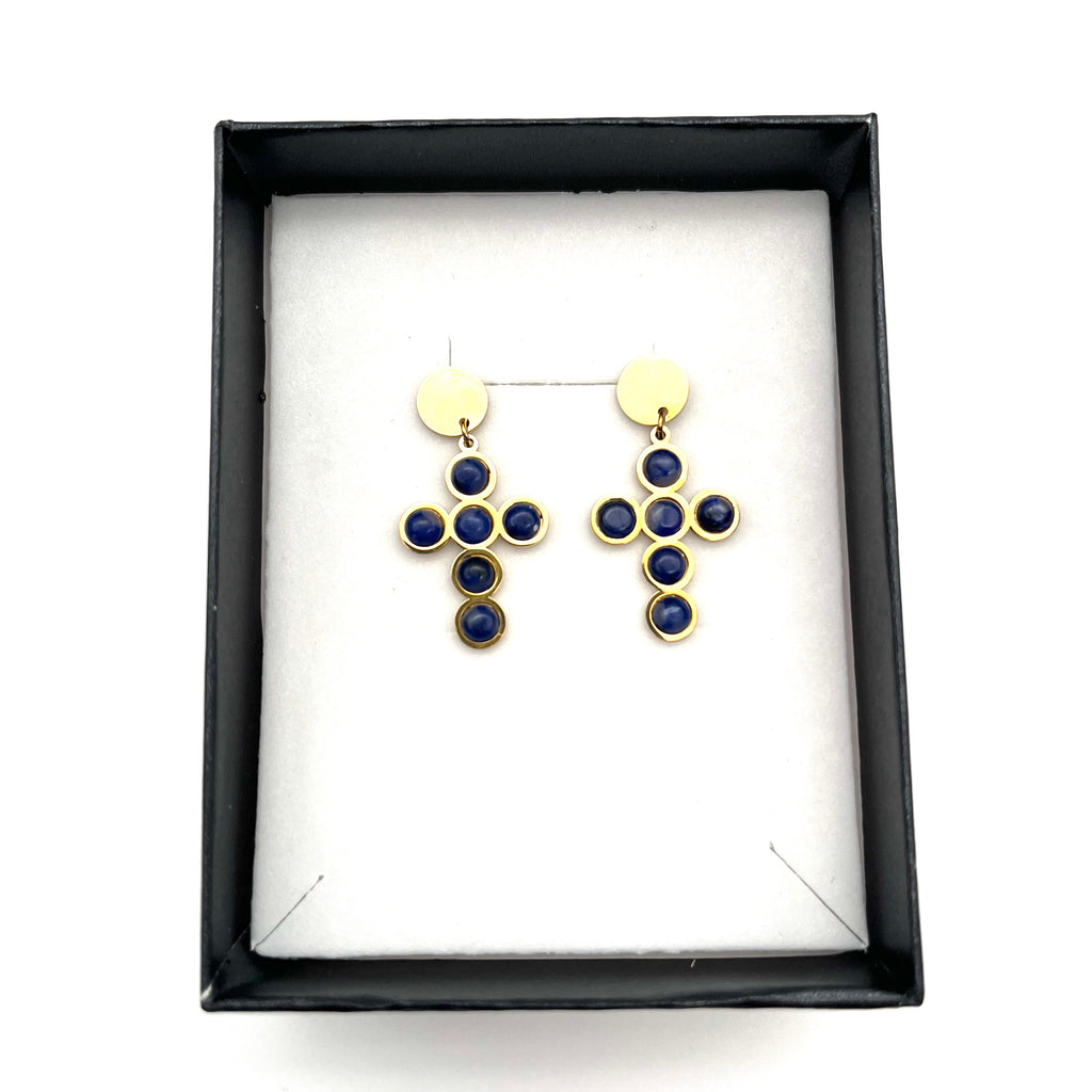 Orecchini croce blu – Acciaio inox dorato