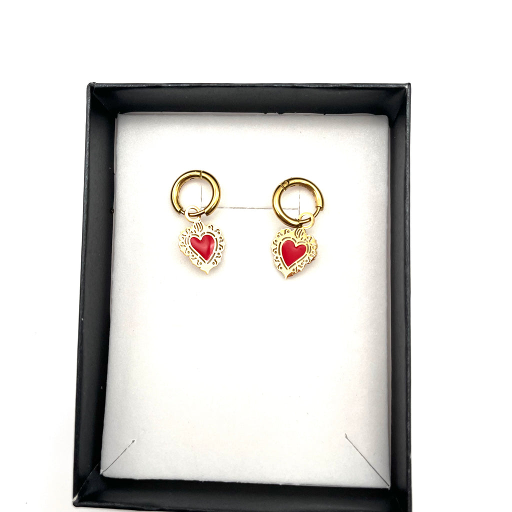 Orecchini Cerchio con Sacro Cuore Rosso – Acciaio (Gold)