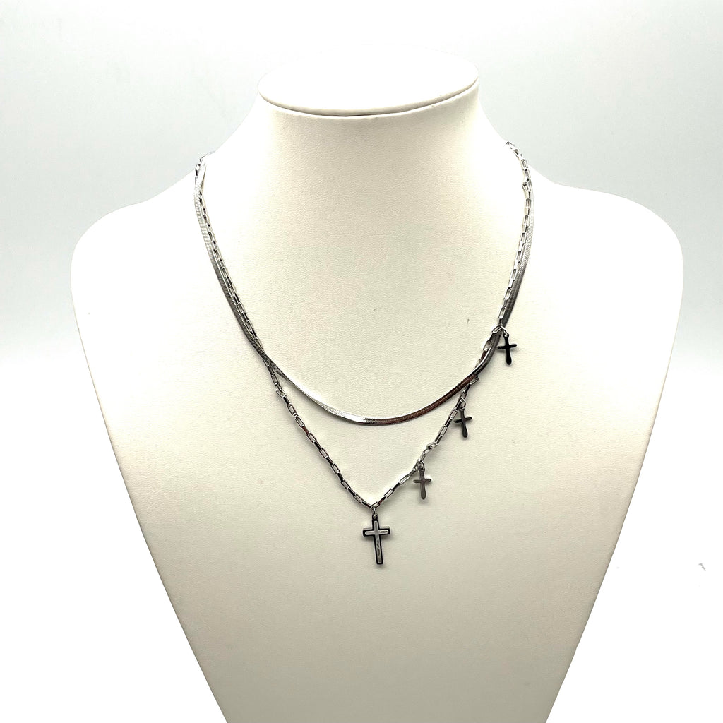 Collana in acciaio inox a doppio filo con croci pendenti – versione silver