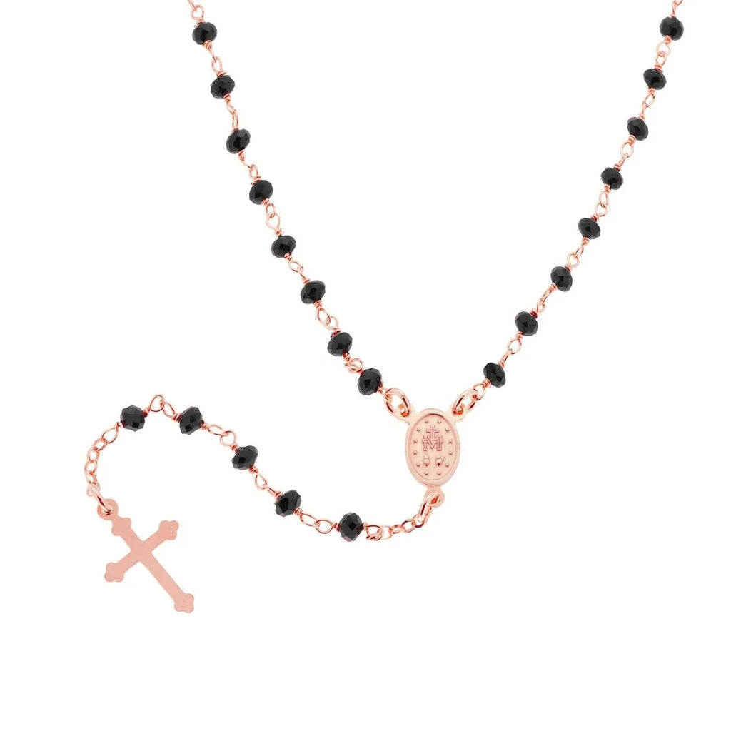 Collana Rosario Lungo Argento 925 Rosa Con Cristalli Neri