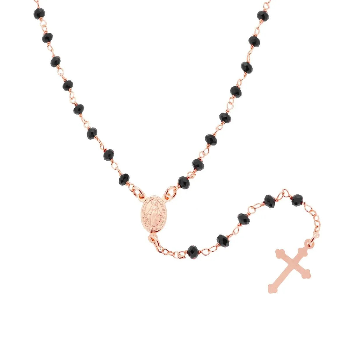 Collana Rosario Lungo Argento 925 Rosa Con Cristalli Neri