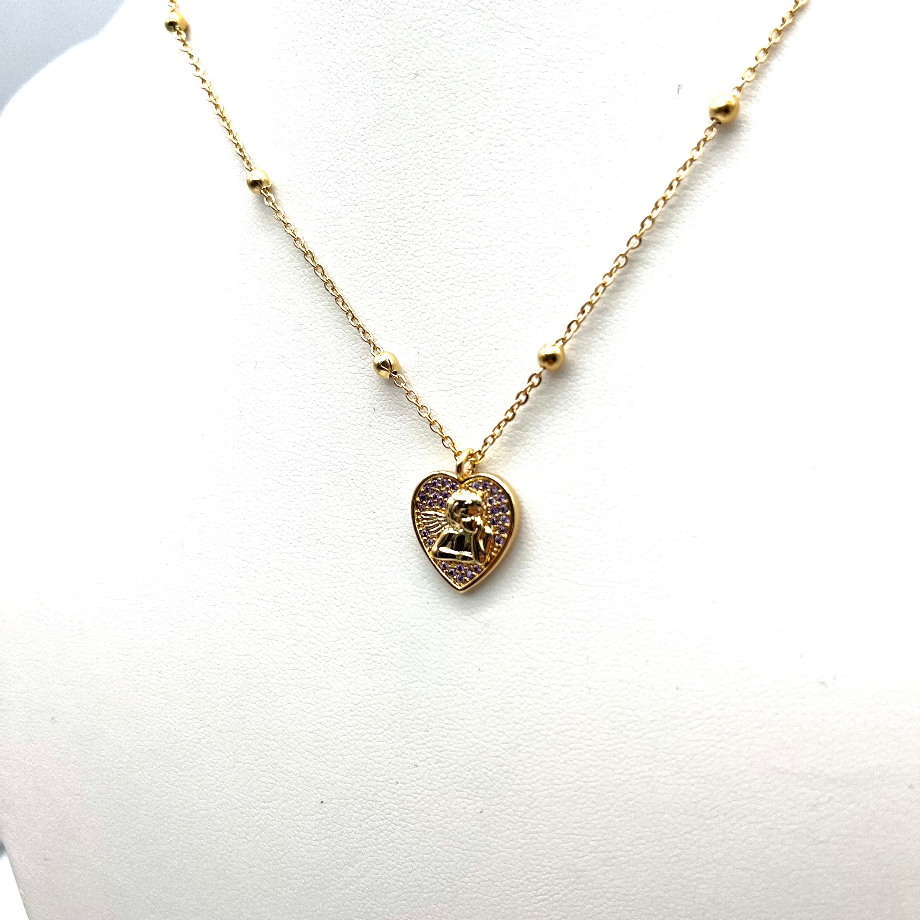 Collana cuore con angelo dorata con zirconi