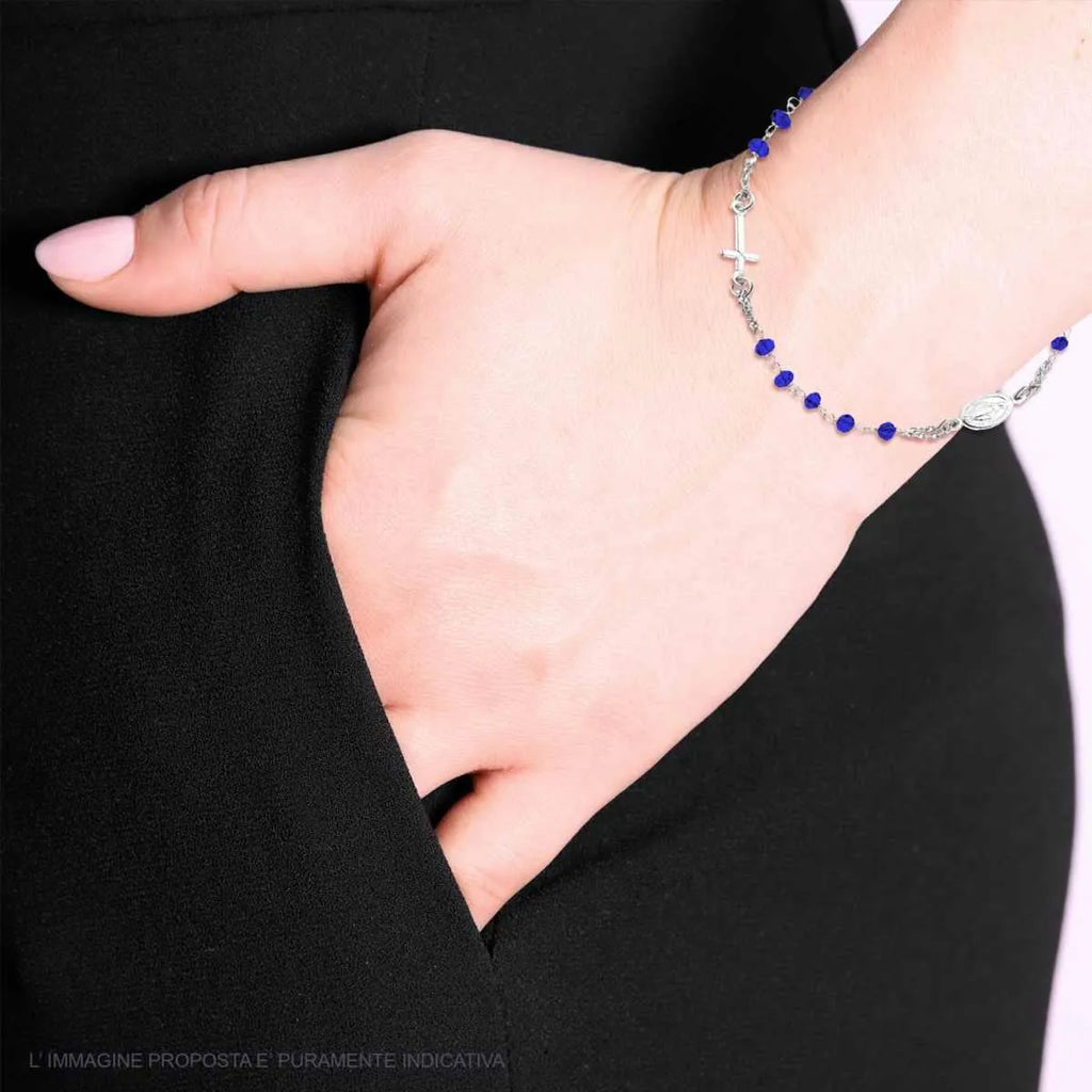 Bracciale Medaglia Miracolosa Con Cristalli Blu In Argento 925 Galvanica Rodio