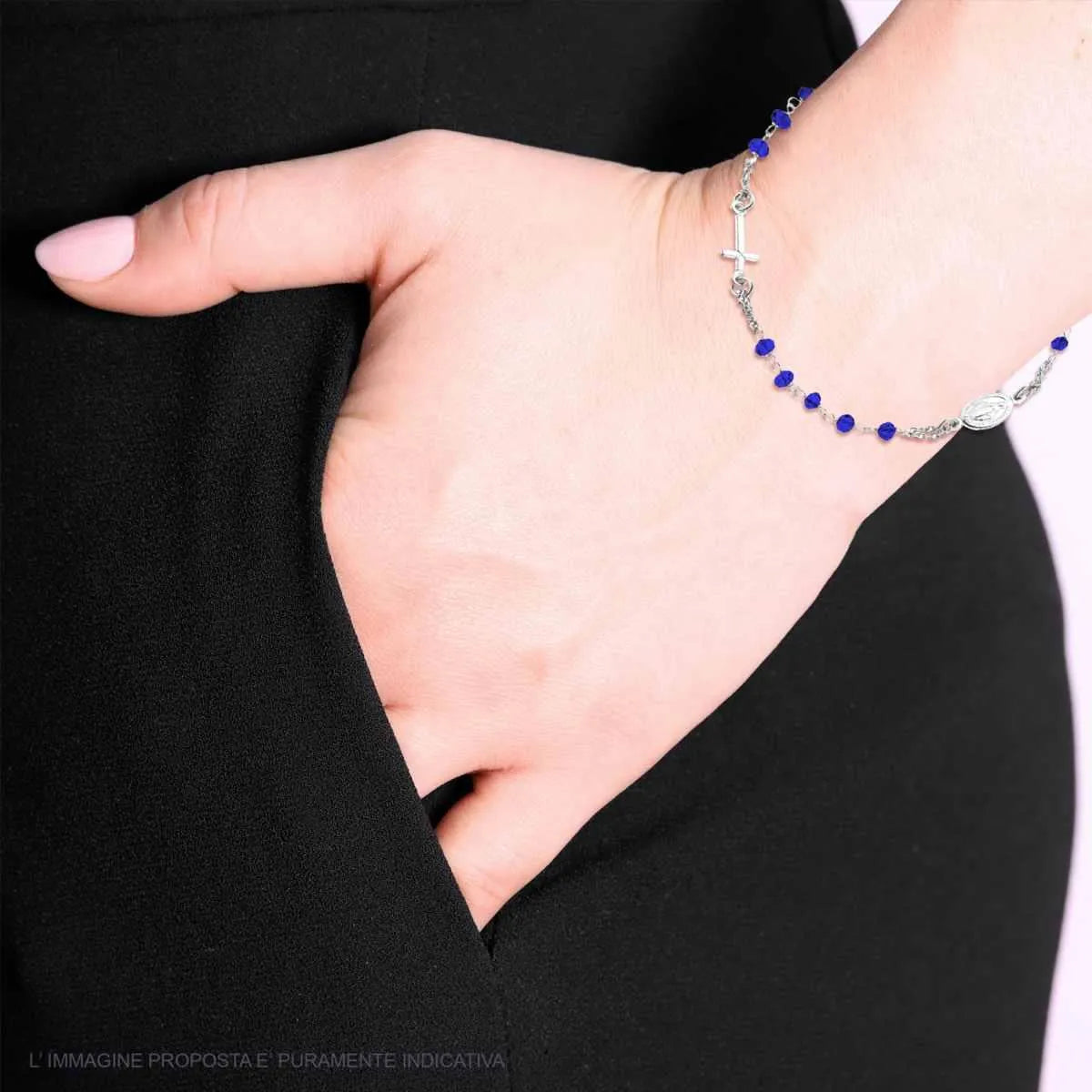 Bracciale Medaglia Miracolosa Con Cristalli Blu In Argento 925 Galvanica Rodio