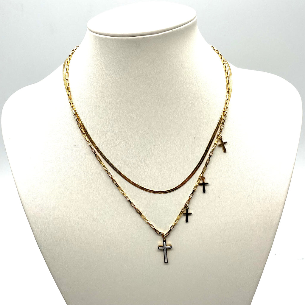 Collana in acciaio inox a doppio filo con croci pendenti – versione gold