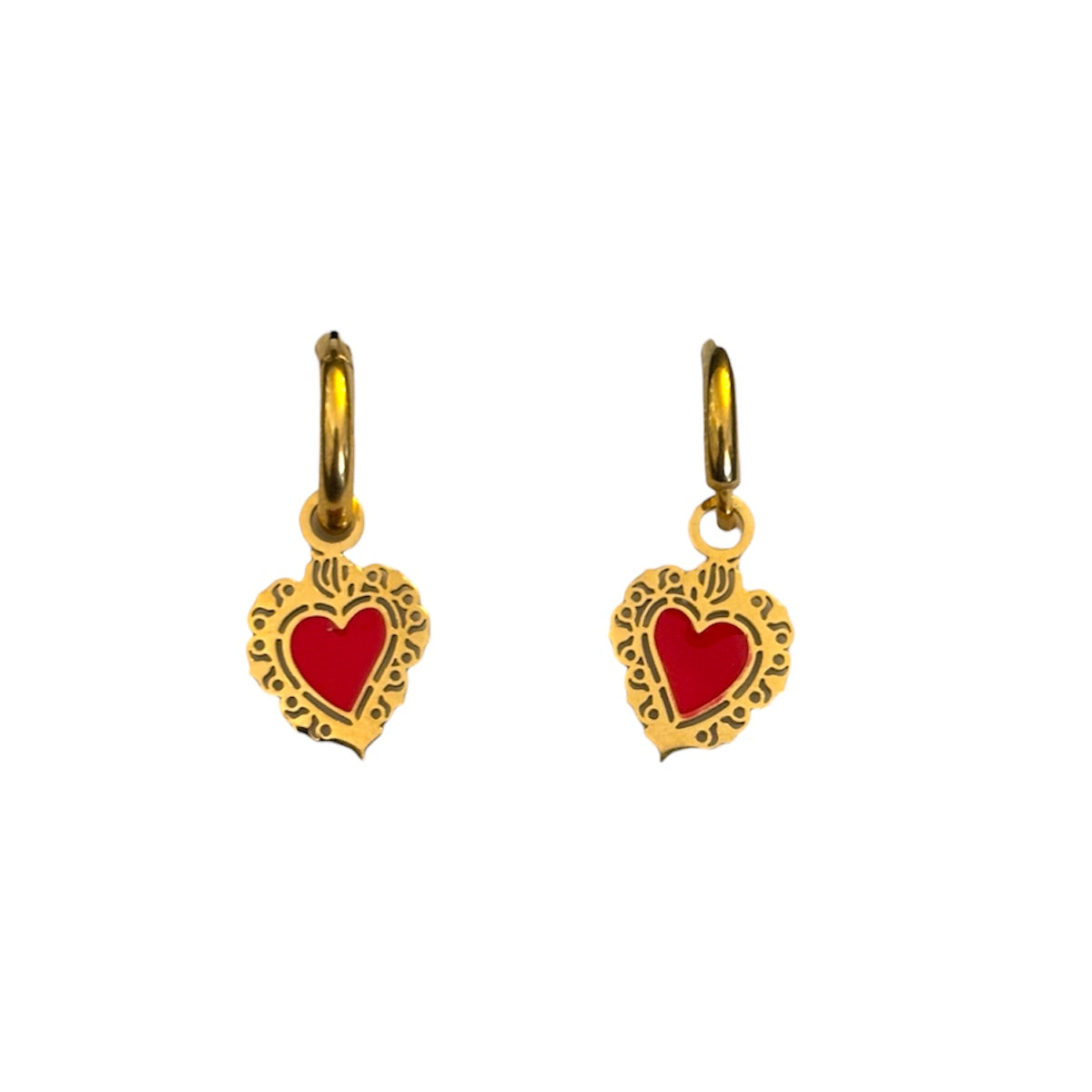 Orecchini Cerchio con Sacro Cuore Rosso – Acciaio (Gold)
