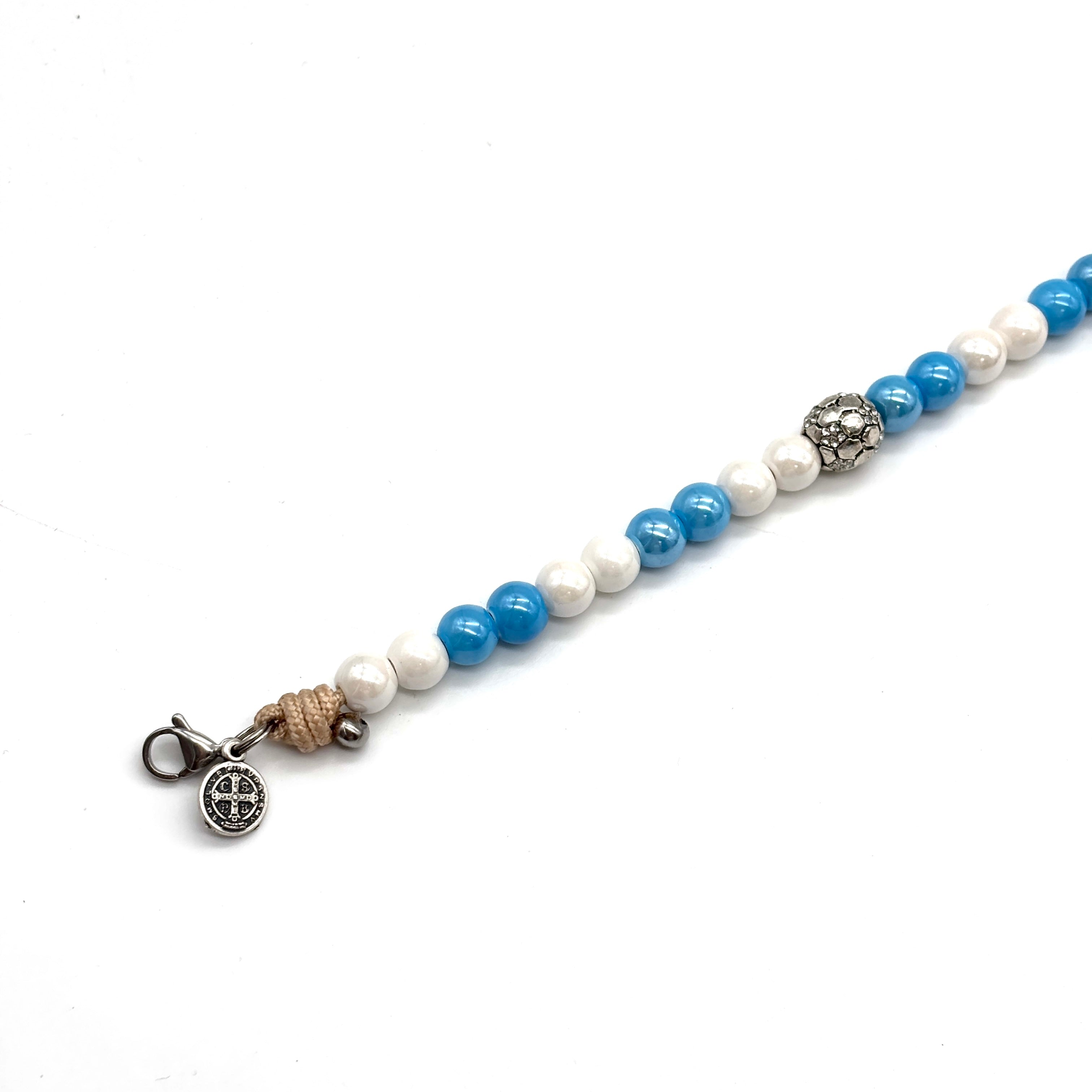 Bracciale S. Benedetto in corda e ceramica - Bianco Celeste