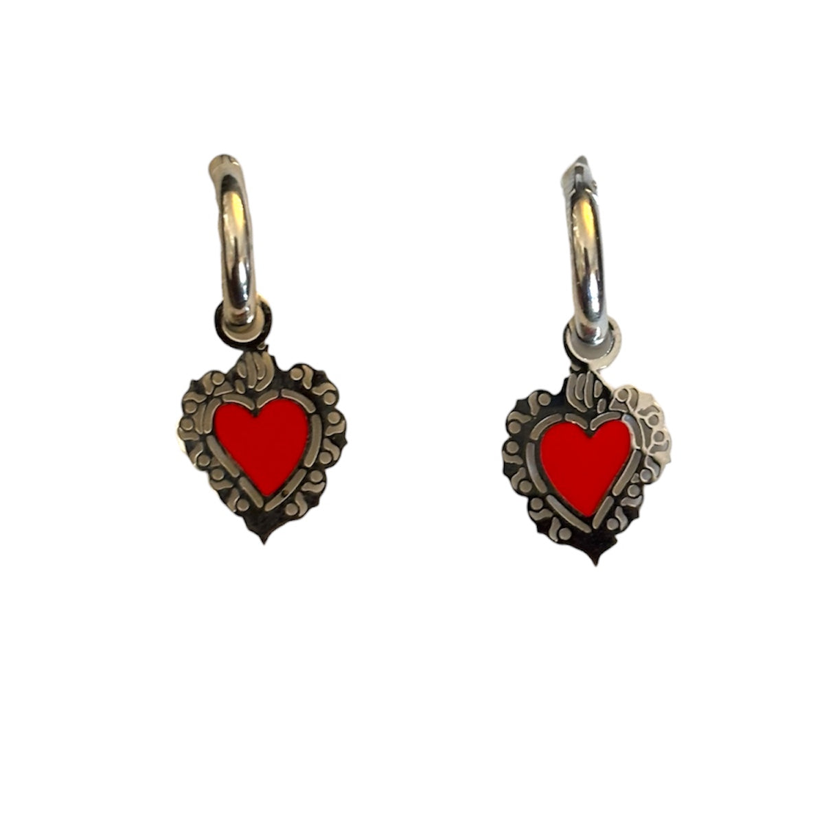 Orecchini Cerchio con Sacro Cuore Rosso – Acciaio (Silver)