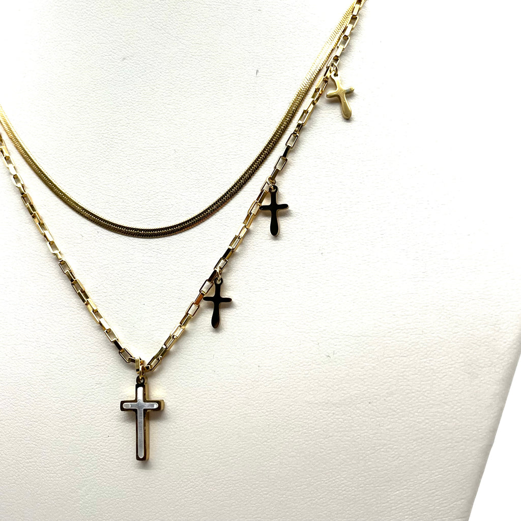 Collana in acciaio inox a doppio filo con croci pendenti – versione gold