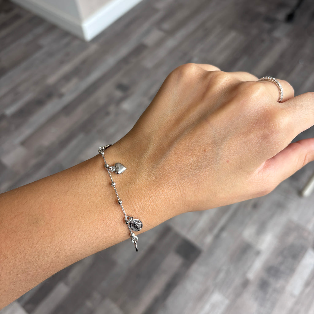 Bracciale in Argento 925 con ciondoli pendenti Sacro Cuore, Angelo Custode e Medaglia Miracolosa