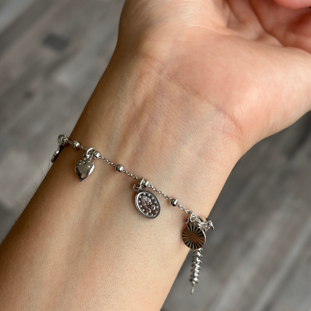 Bracciale in Argento 925 con ciondoli pendenti Sacro Cuore, Angelo Custode e Medaglia Miracolosa