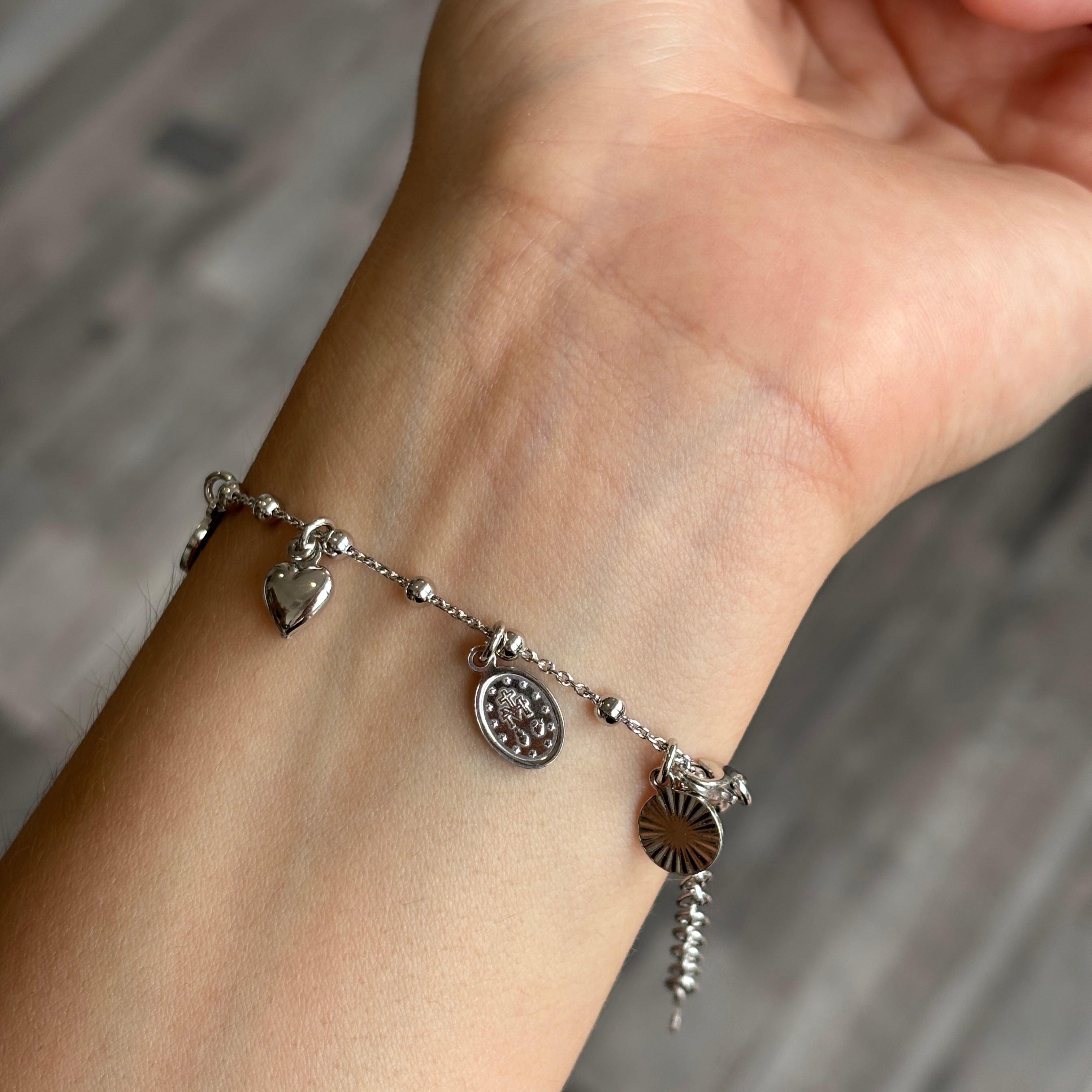 Bracciale in Argento 925 con ciondoli pendenti Sacro Cuore, Angelo Custode e Medaglia Miracolosa