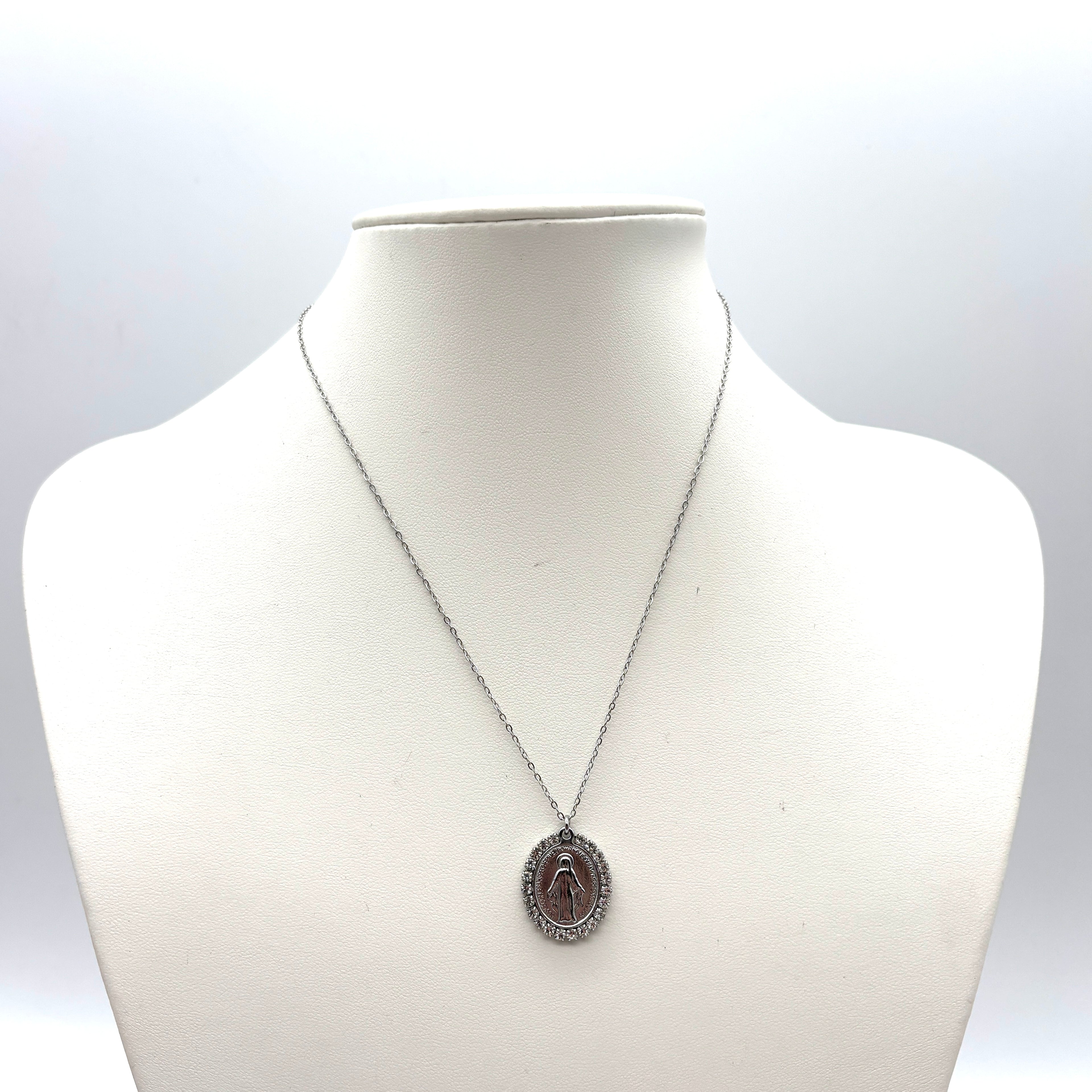 Collana Medaglia Miracolosa con zirconi - argento