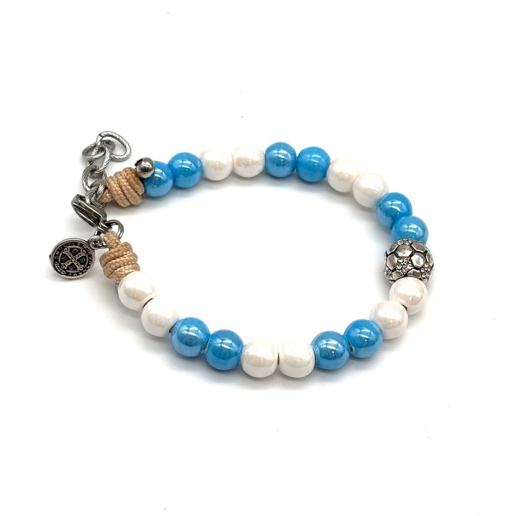 Bracciale S. Benedetto in corda e ceramica - Bianco Celeste