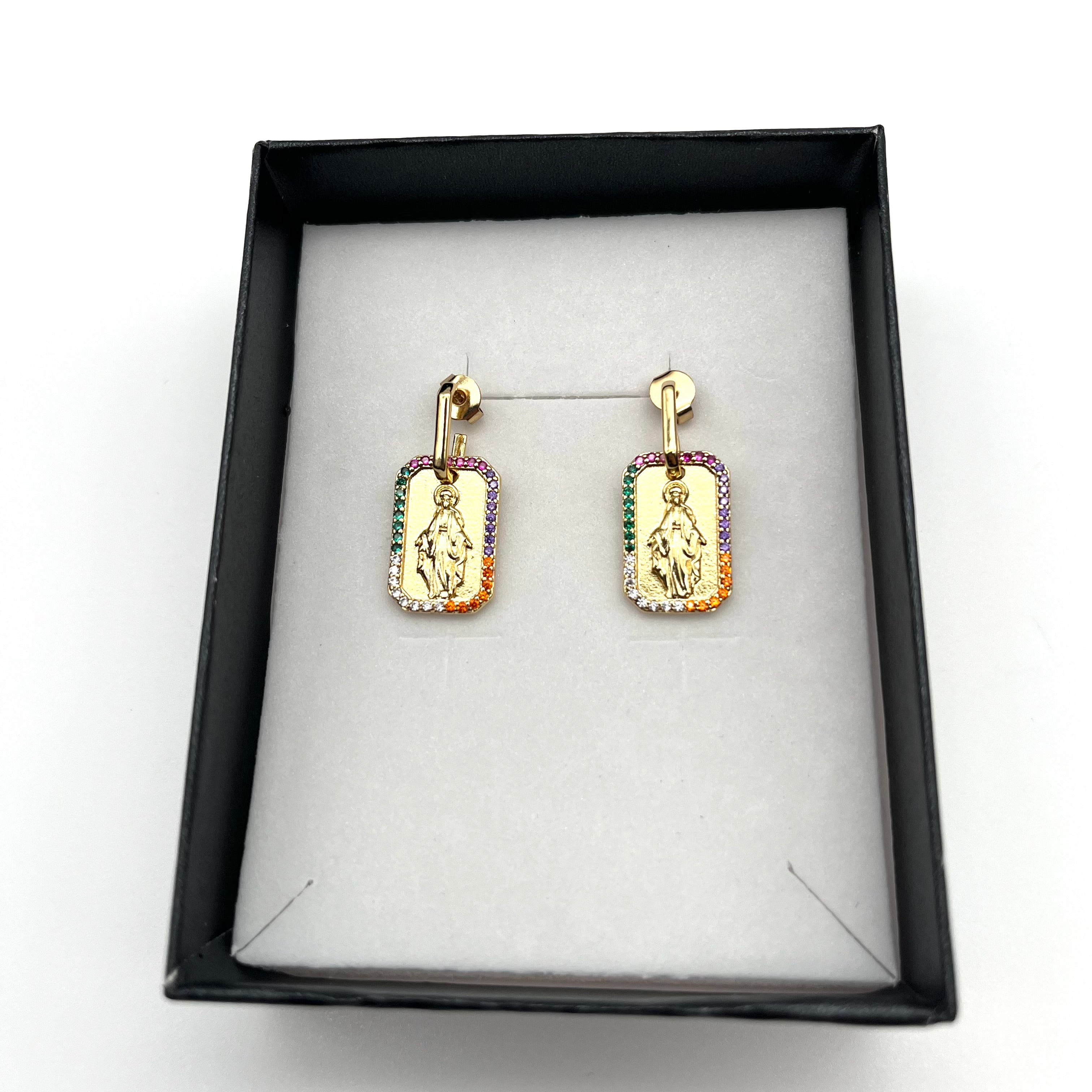 Orecchini Madonna Miracolosa – Acciaio Inossidabile con Cristalli Multicolor