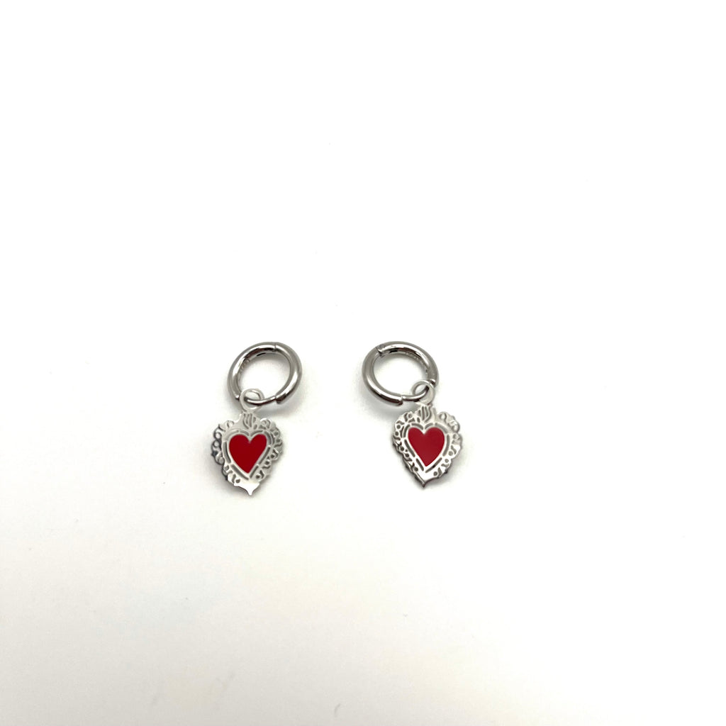 Orecchini Cerchio con Sacro Cuore Rosso – Acciaio (Silver)