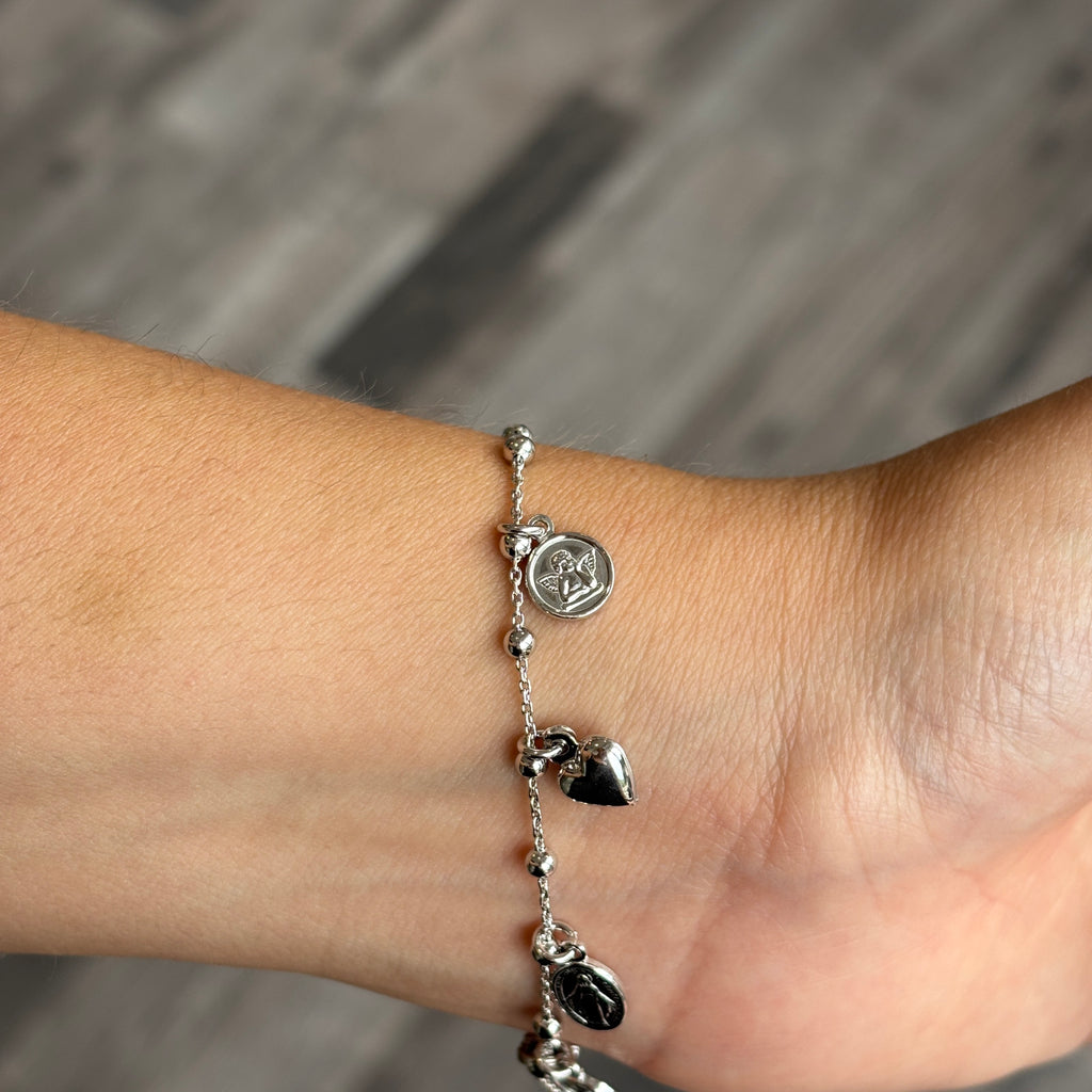 Bracciale in Argento 925 con ciondoli pendenti Sacro Cuore, Angelo Custode e Medaglia Miracolosa