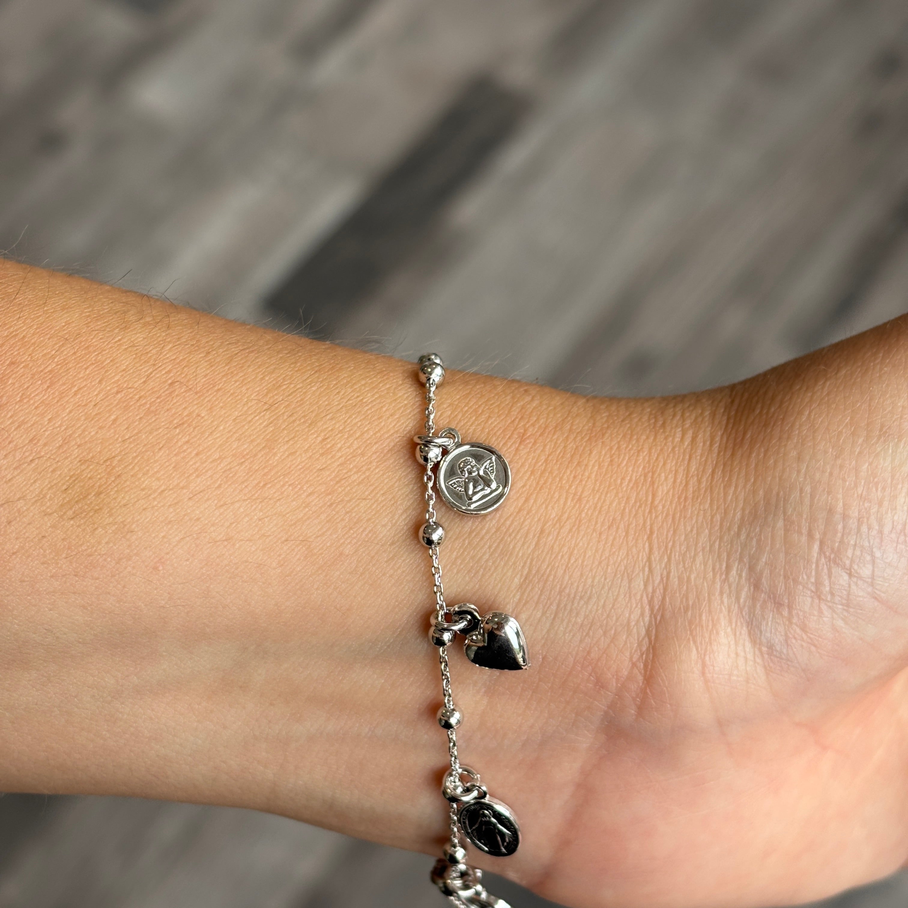 Bracciale in Argento 925 con ciondoli pendenti Sacro Cuore, Angelo Custode e Medaglia Miracolosa