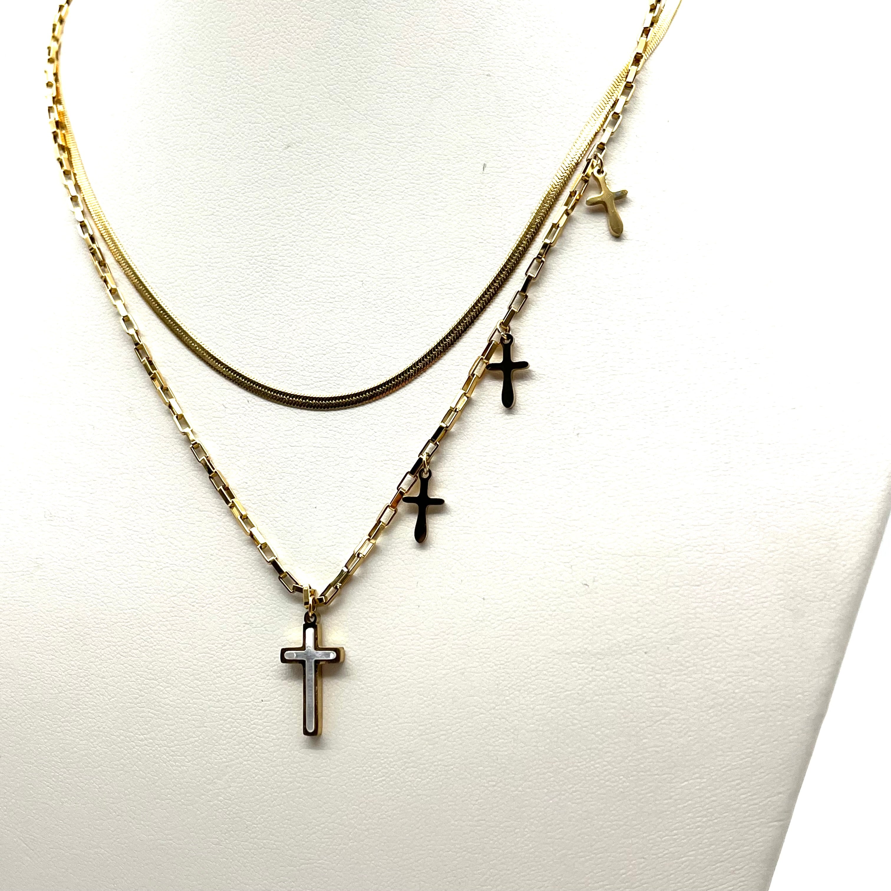 Collana in acciaio inox a doppio filo con croci pendenti – versione gold