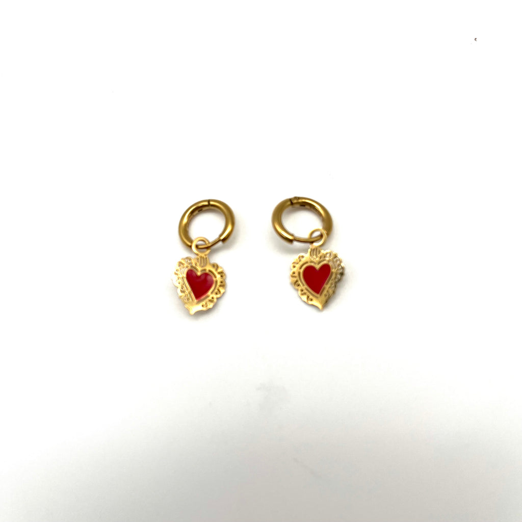Orecchini Cerchio con Sacro Cuore Rosso – Acciaio (Gold)