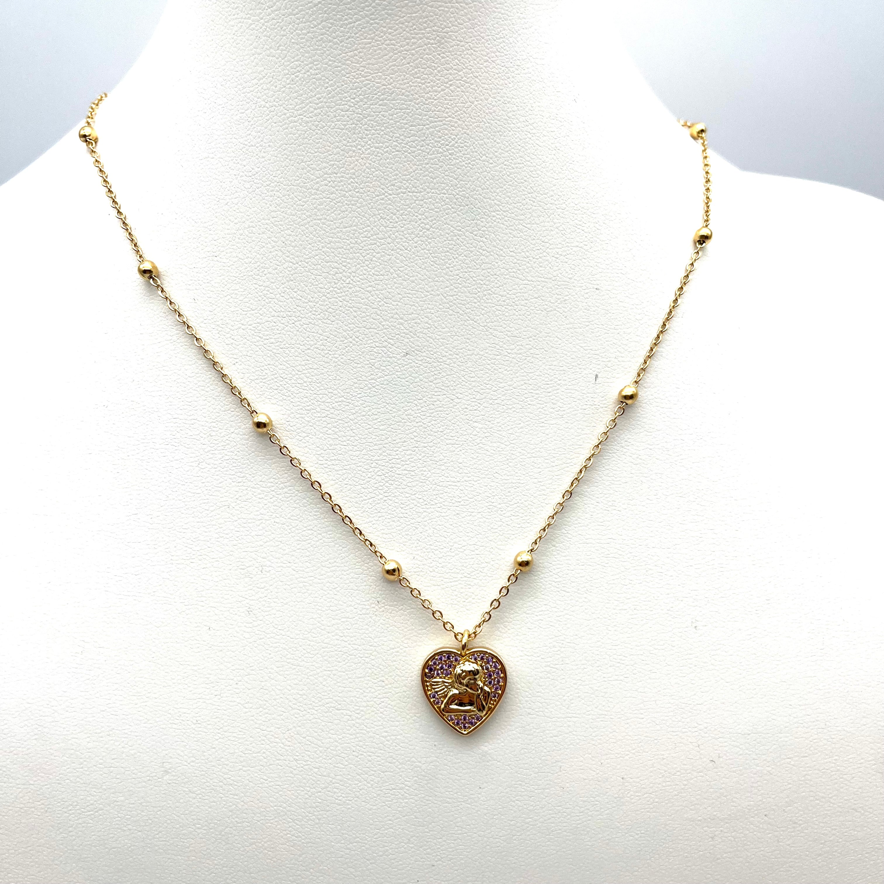 Collana cuore con angelo dorata con zirconi