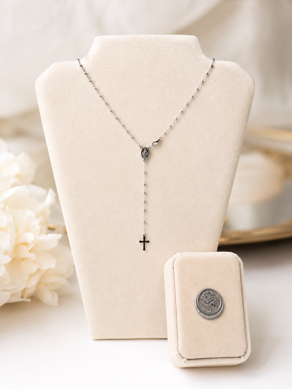 Collana Rosario Lungo Argento 925 Galvanica Rodio