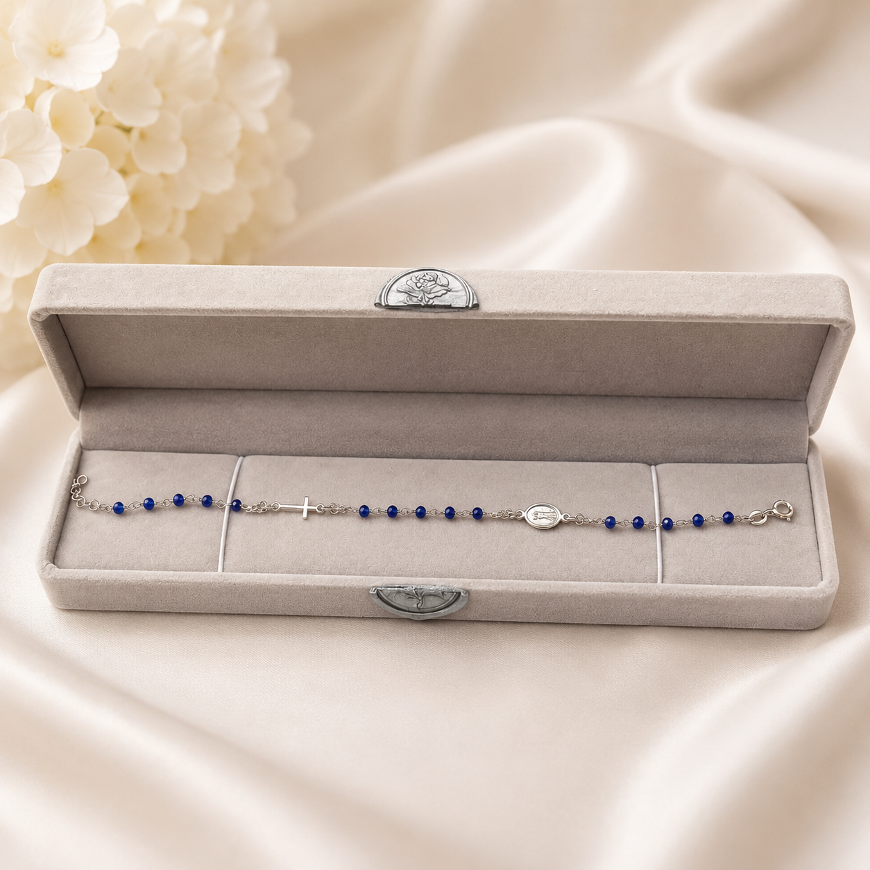 Bracciale Medaglia Miracolosa Con Cristalli Blu In Argento 925 Galvanica Rodio