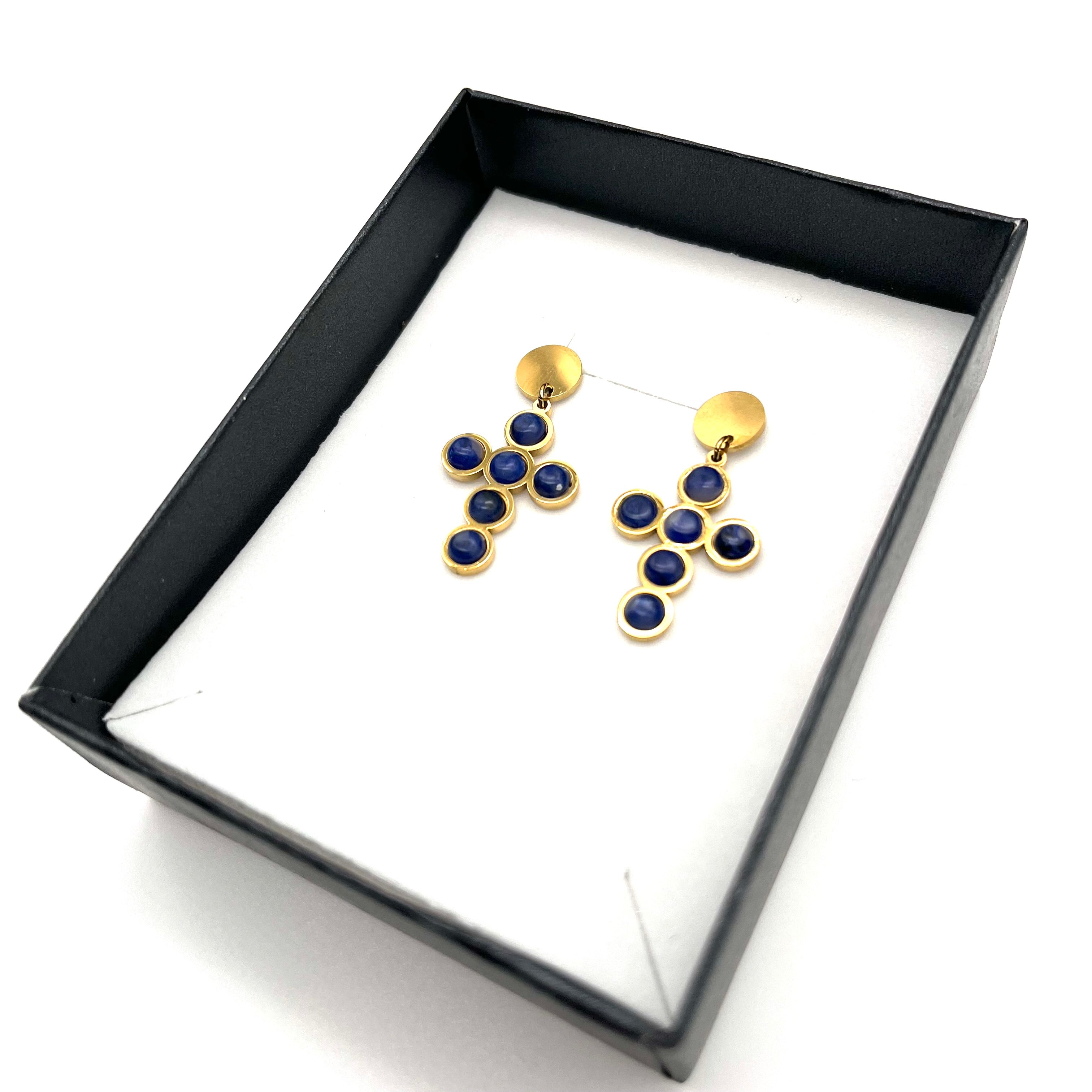 Orecchini croce blu – Acciaio inox dorato