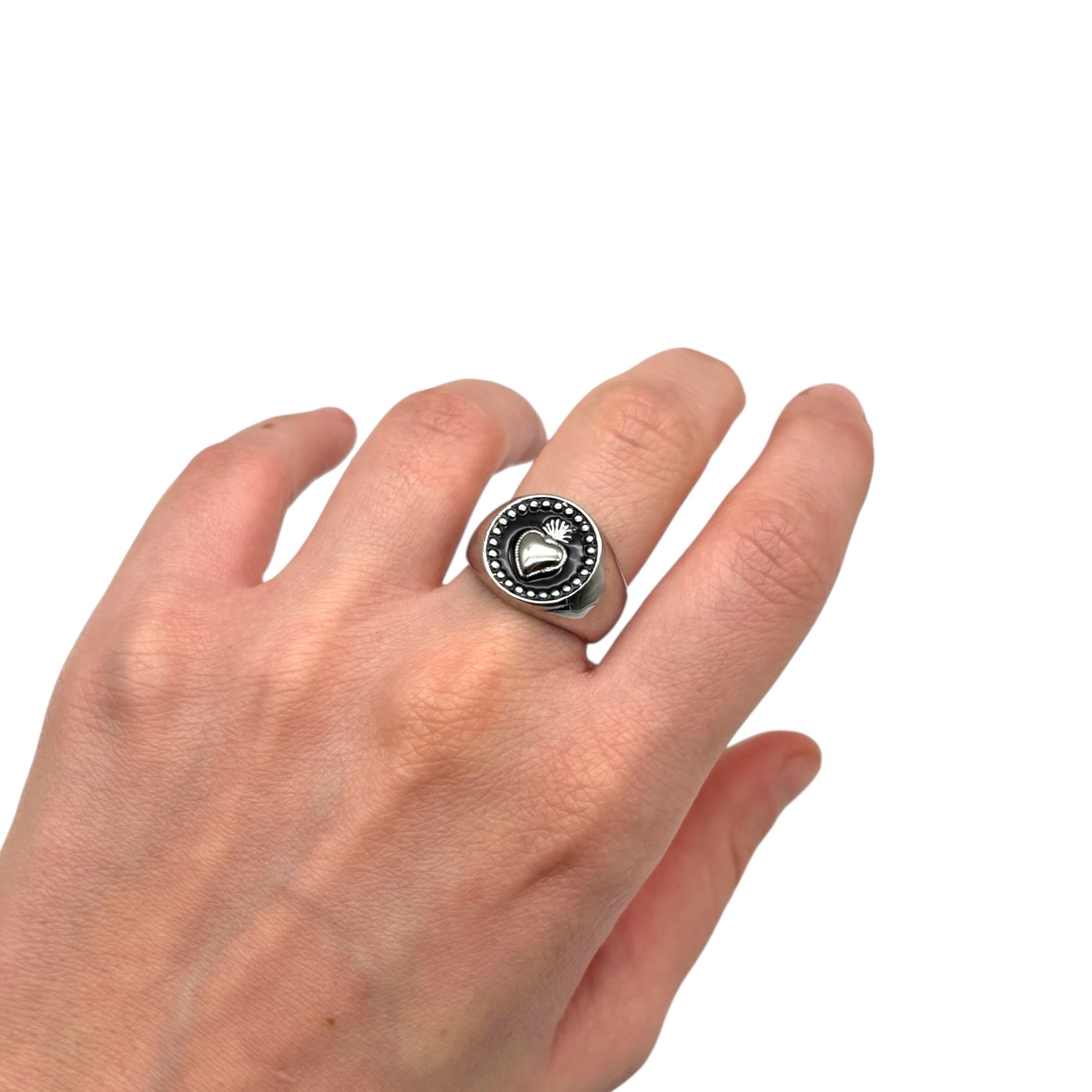 Anello Sacro Cuore tondo - Acciaio argentato