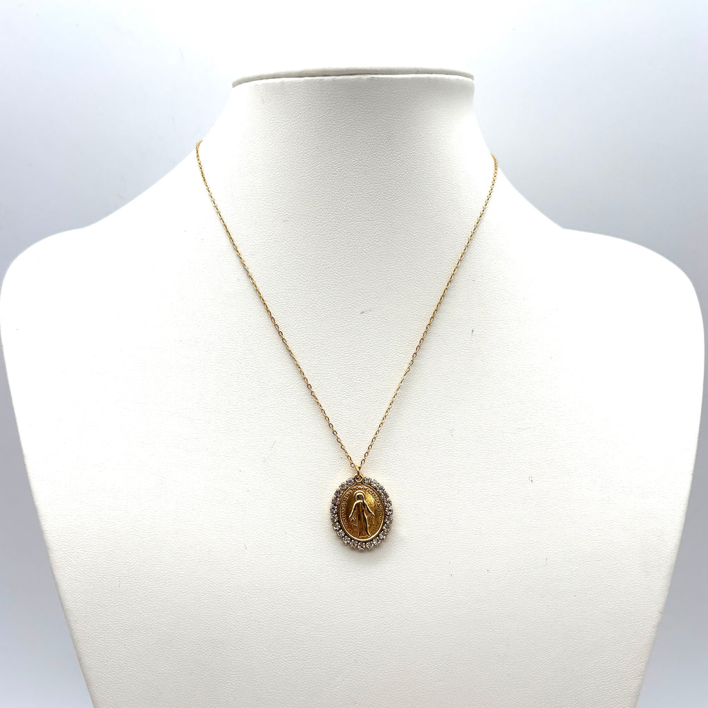 Collana Medaglia Miracolosa con zirconi - oro