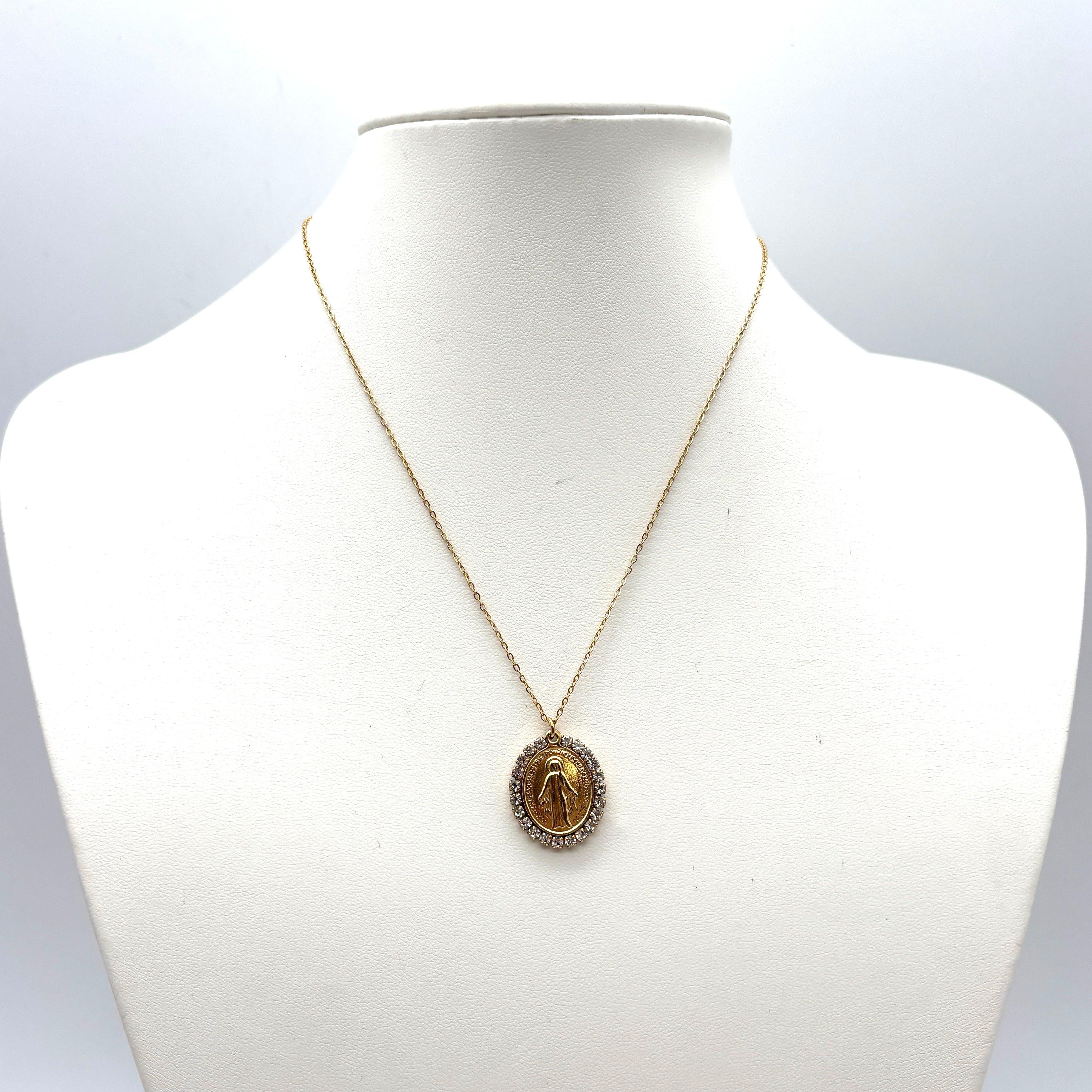 Collana Medaglia Miracolosa con zirconi - oro