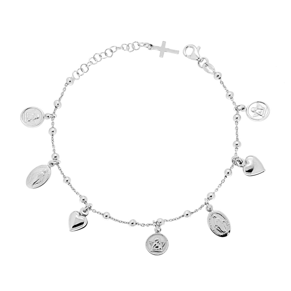 Bracciale in Argento 925 con ciondoli pendenti Sacro Cuore, Angelo Custode e Medaglia Miracolosa