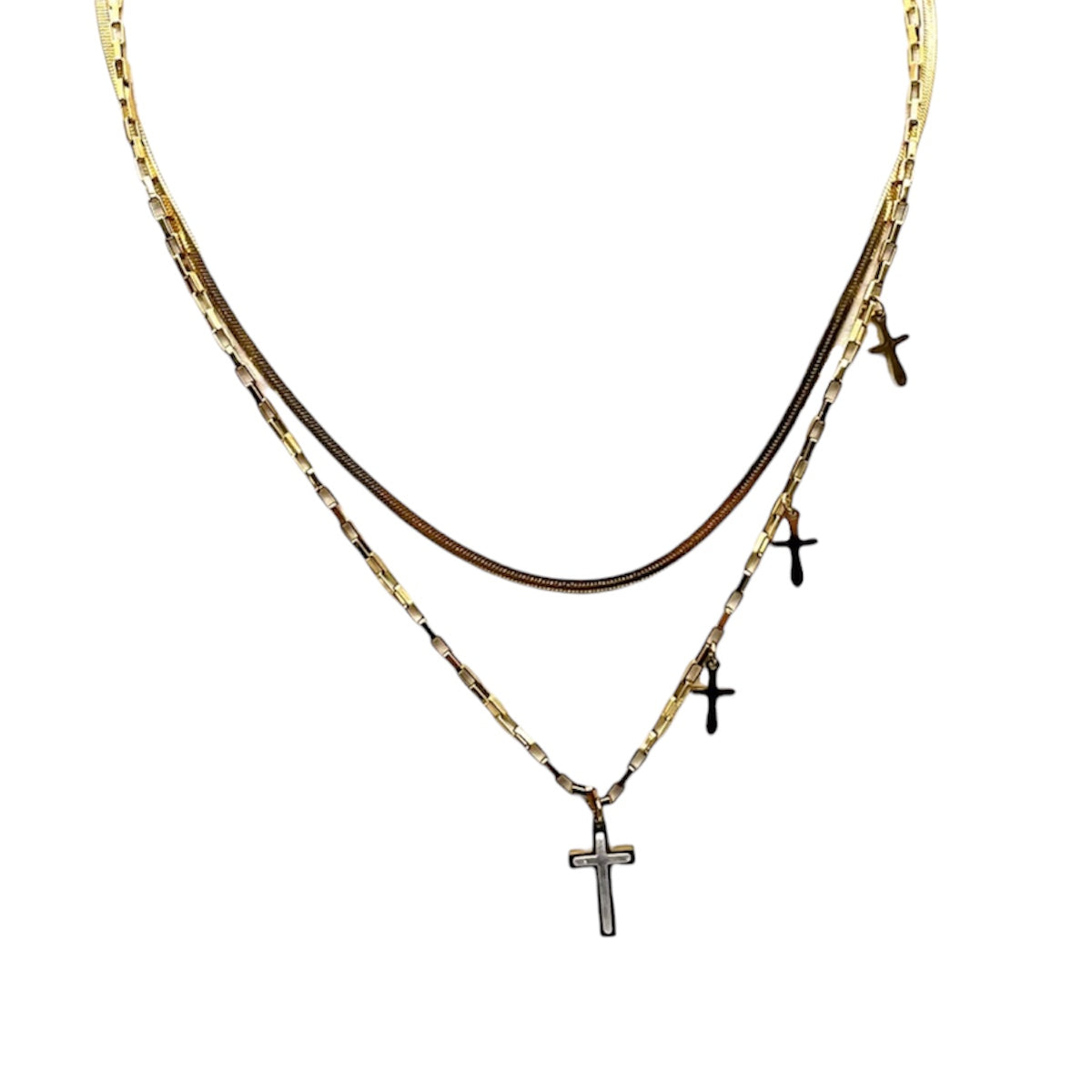 Collana in acciaio inox a doppio filo con croci pendenti – versione gold