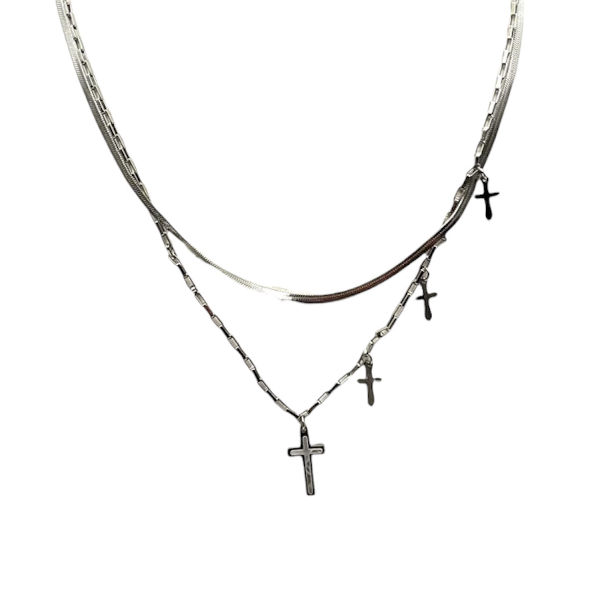 Collana in acciaio inox a doppio filo con croci pendenti – versione silver
