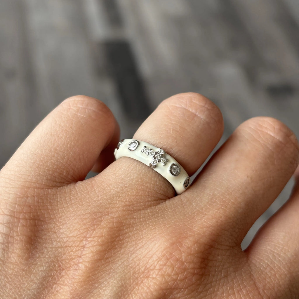Anello Rosario Con Smalto Bianco Argento 925 Galvanica Rodio – Misura 10