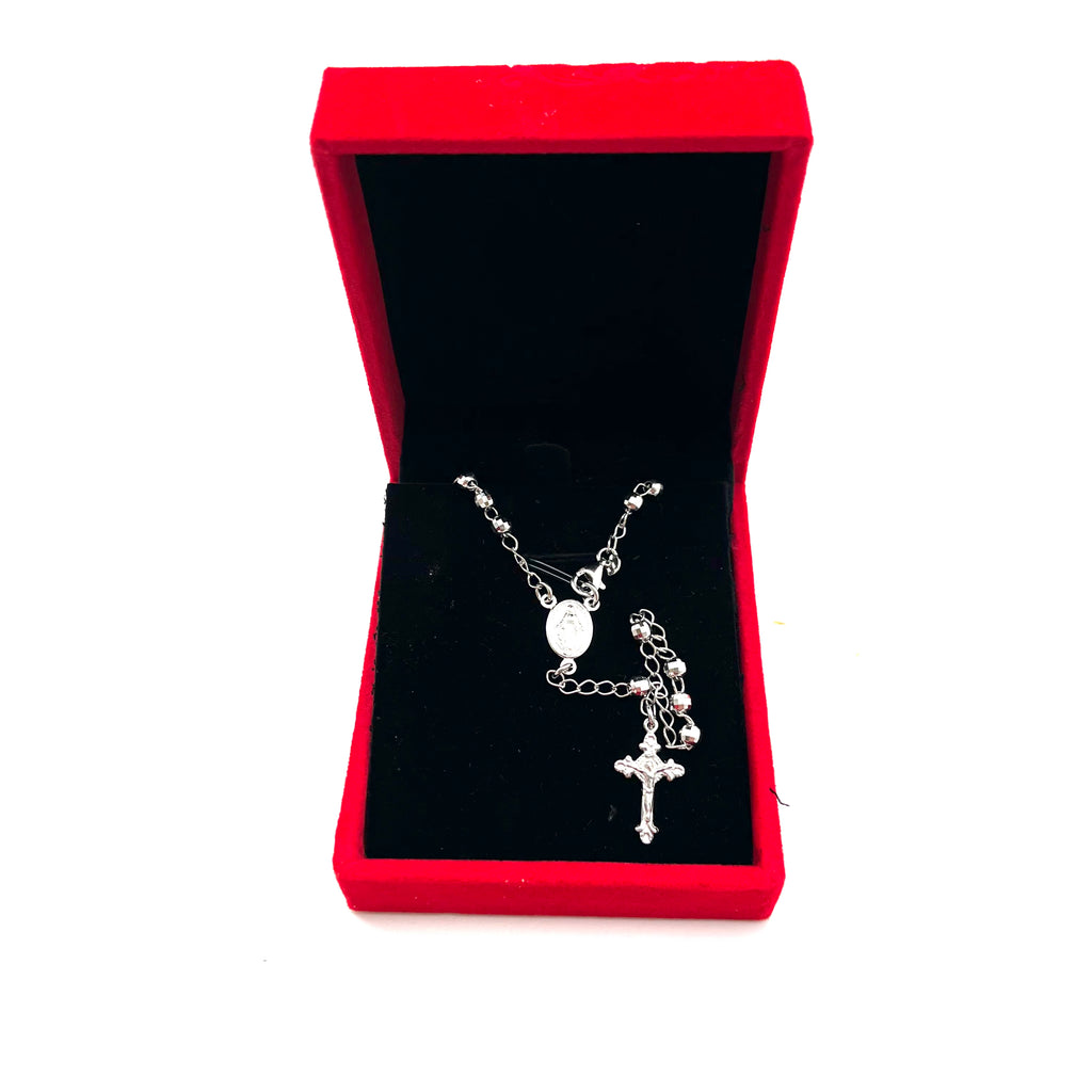 Collana Rosario Lungo Pallina Diamantata Argento 925 Rodio