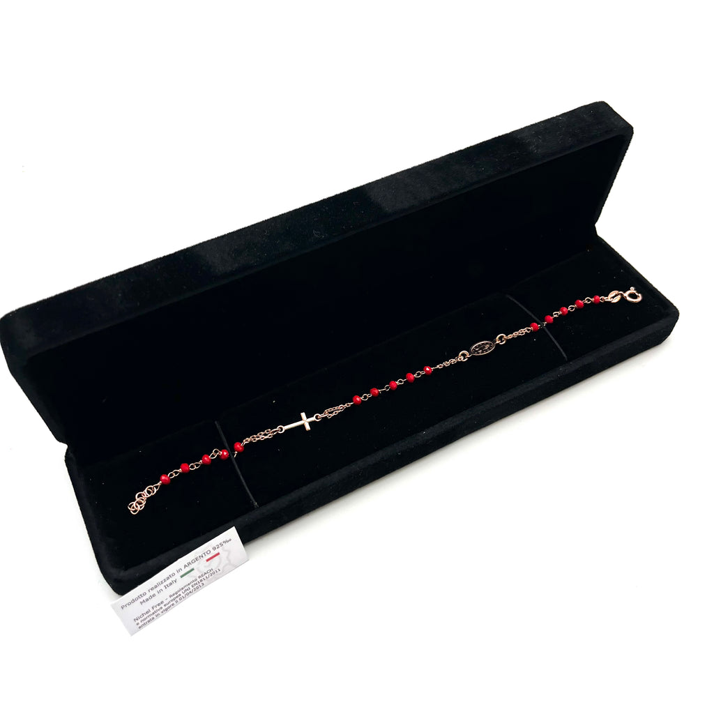 Bracciale Medaglia Miracolosa Con Cristalli Rossi In Argento 925 Galvanica Rosa
