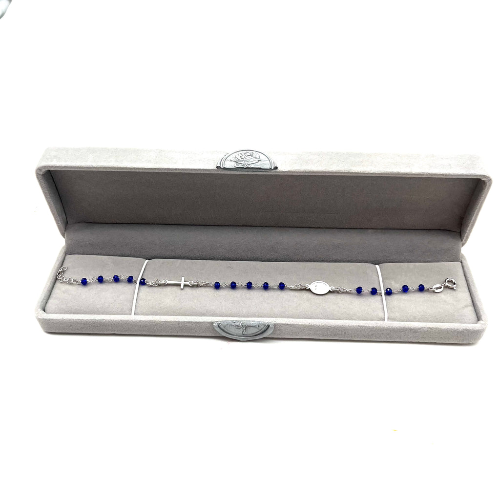 Bracciale Medaglia Miracolosa Con Cristalli Blu In Argento 925 Galvanica Rodio