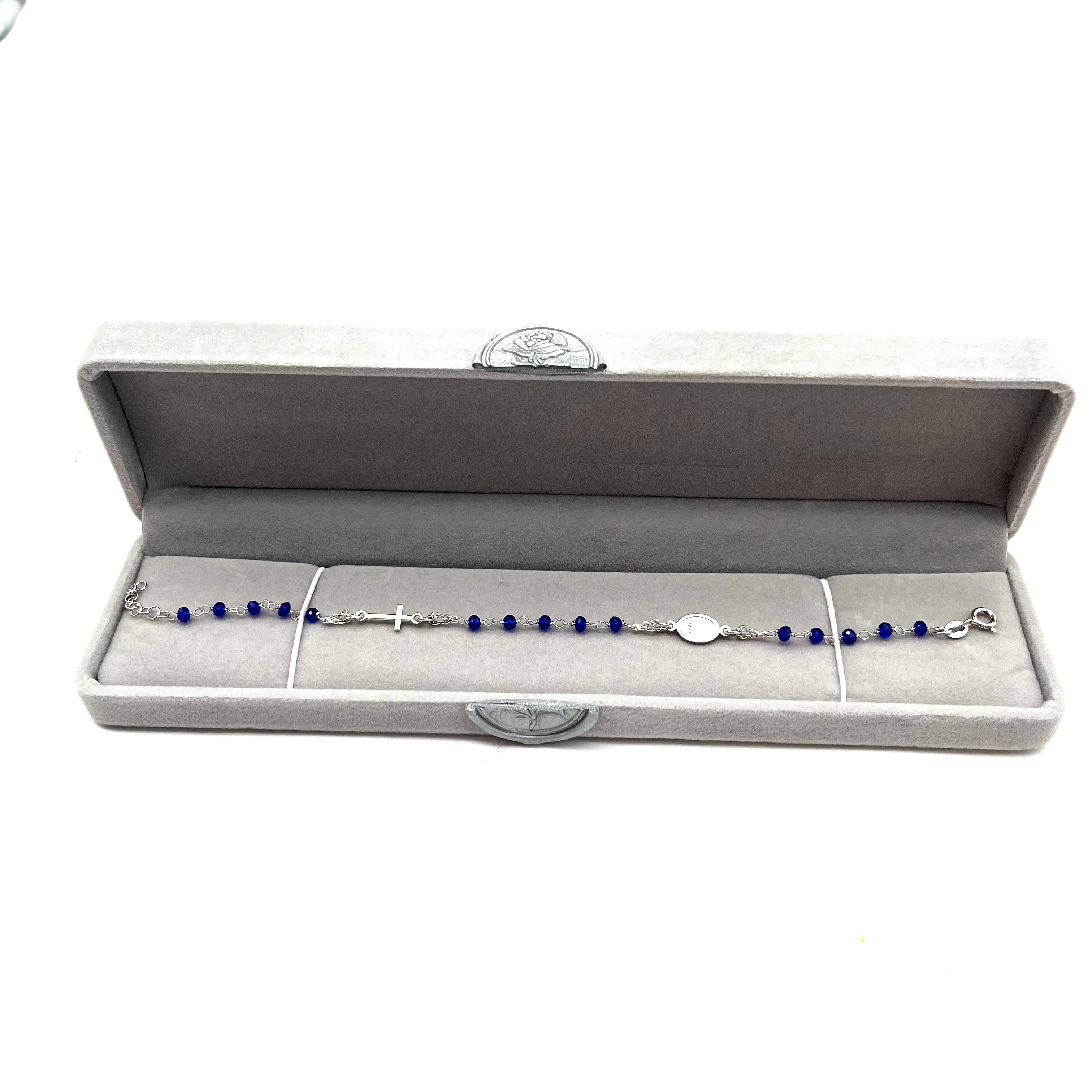 Bracciale Medaglia Miracolosa Con Cristalli Blu In Argento 925 Galvanica Rodio