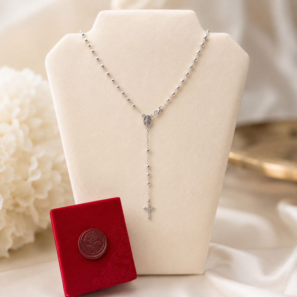 Collana Rosario Lungo Pallina Diamantata Argento 925 Rodio
